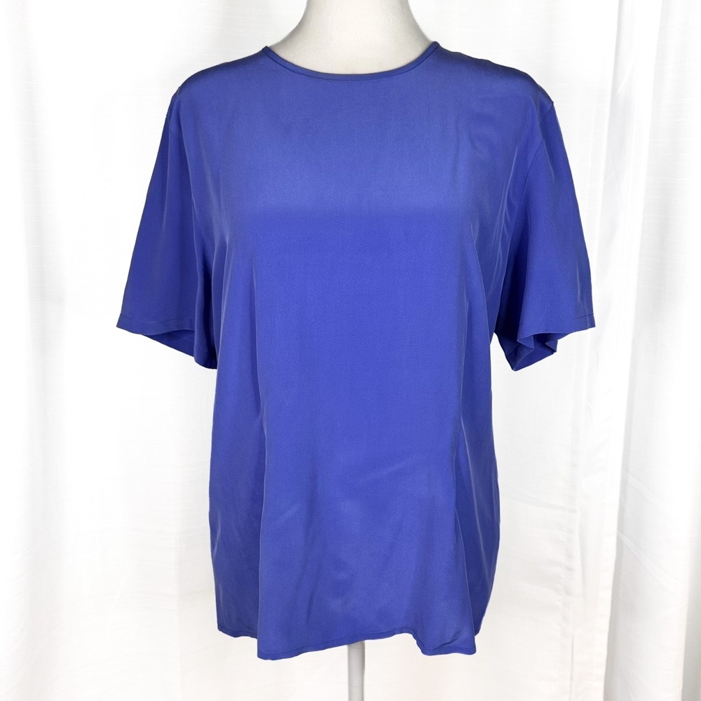 Jacqueline Ferrar 100% Silk Blouse Blue Short Sleeve Minimalist Women's Top EUC